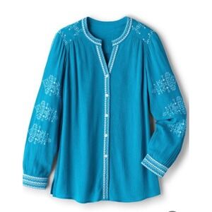 Soft Surroundings 1X Teal Embroidered Boho Blouse Button Front Rayon NWT
